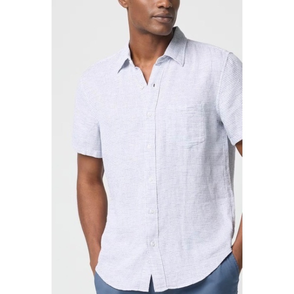 J.Crew Dobby Dot Shirt Mens Size S Short Sleeve Linen Cotton Blue White Beach